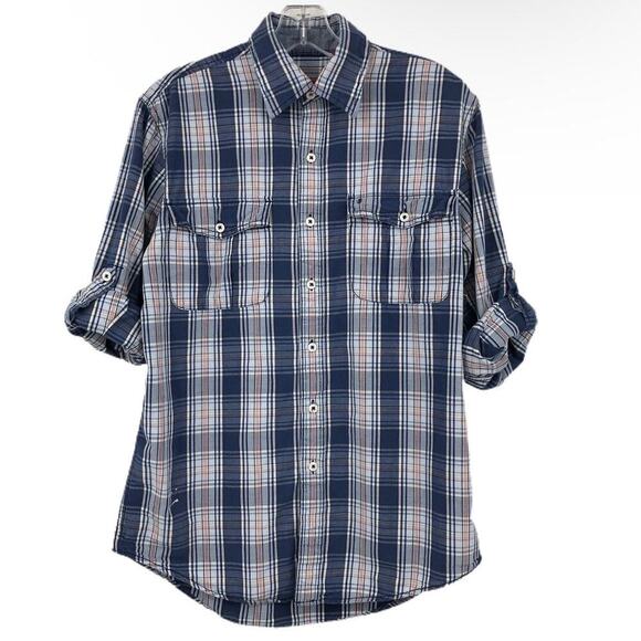 Izod Men's Plaid Button Up Shirt S Blue Pink Utility Roll Tab Long Sleeve Cotton - Picture 2 of 9